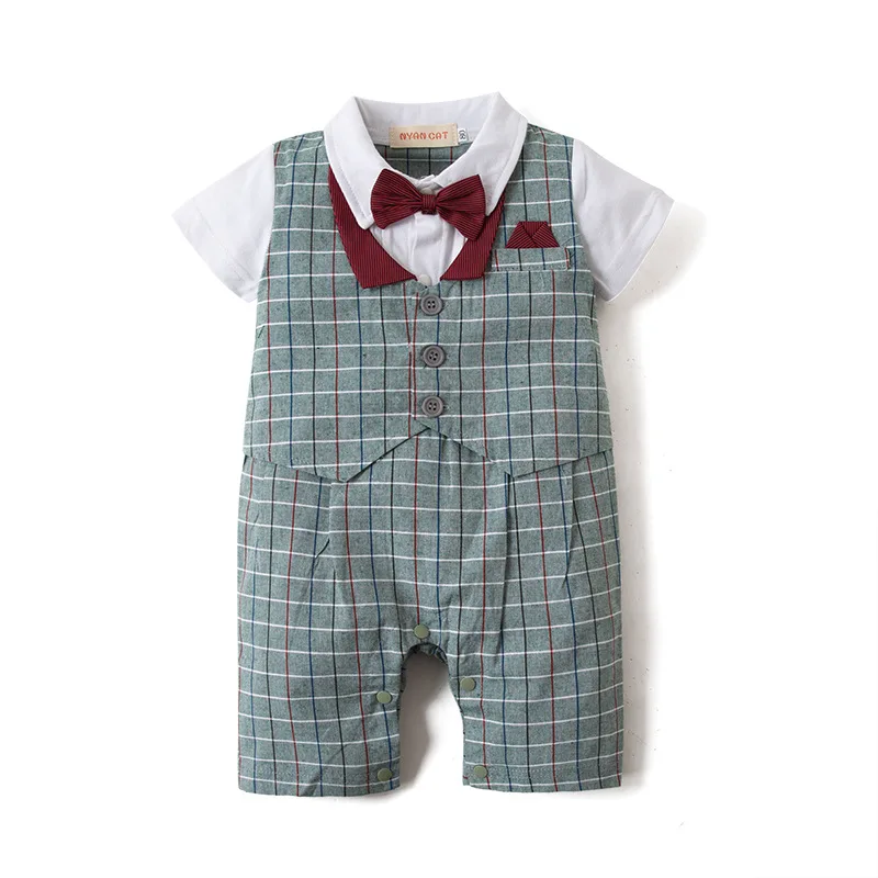 

Newborn Baby Rompers Summer Green Plaid Clothes Boys Short Sleeve Outfit Children Formal One-pieces Tuxedo Cotton White Red