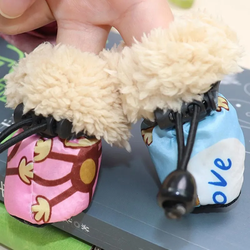 

4pcs Winter Dog Puppy Shoes Pet Cartoon Printed Soft Boots Pet Waterproof Fleece Shoes Pet Accessorie Paw Care Supplies Dog Shoe
