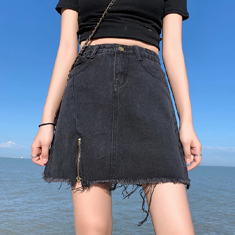 Летняя женская джинсовая юбка Zoki, черная джинсовая юбка трапециевидной формы на молнии с бахромой и завышенной талией, хлопковая черная Жен... от AliExpress WW