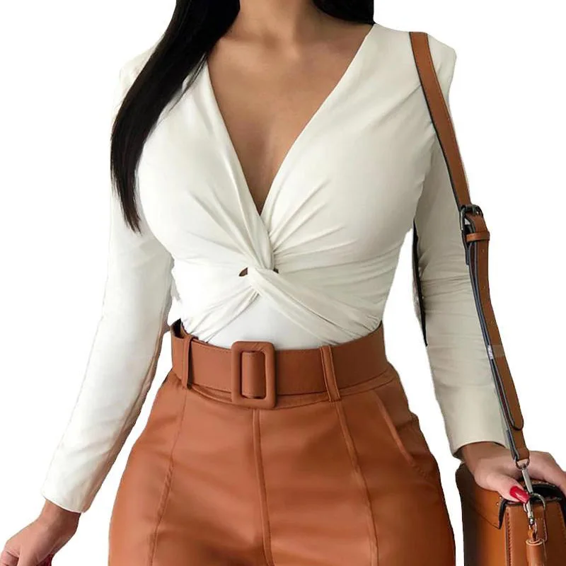 

Unaiza Women Bottoming Shirt Top Solid Color V-neck Twisted Slim T-shirt Long Sleeve 2021 New Fashion High Quality Casual Shirt