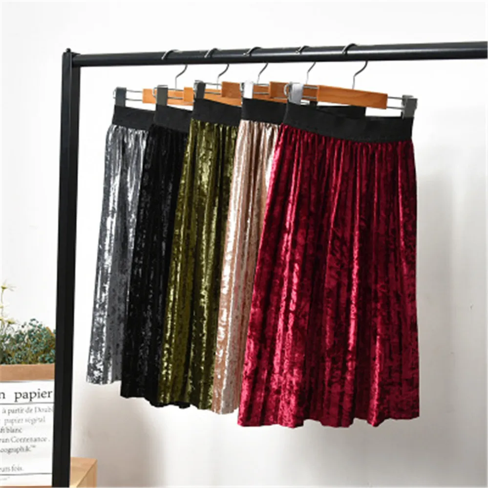 2020 бархатная плиссированная юбка гладкая длинная летняя и Зимняя Новая