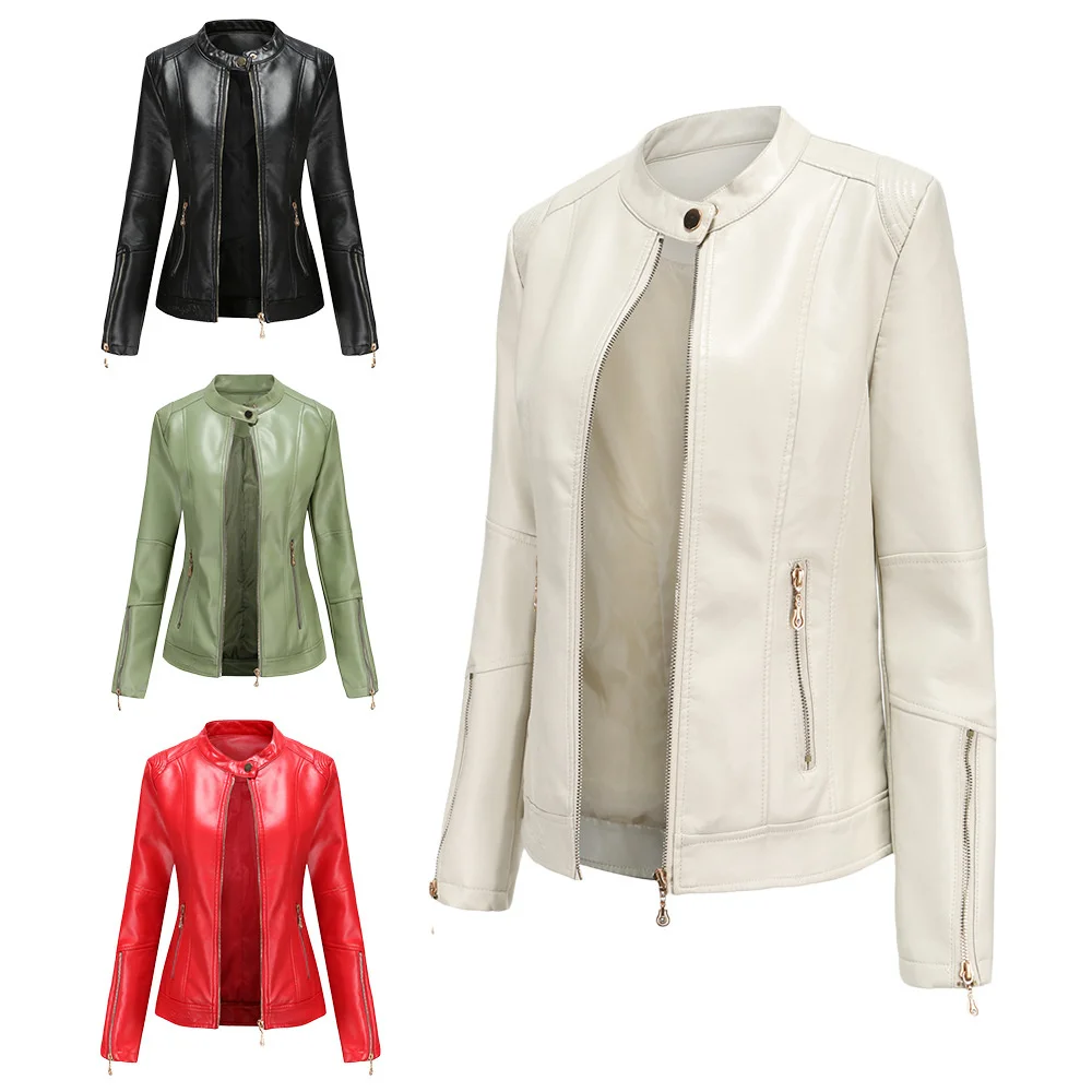 

Fashion 2021 Short PU Leather Jacket Women Zipper Spring Autumn Women's Coat Long Sleeve Slim Casual Jacket Stand Collar