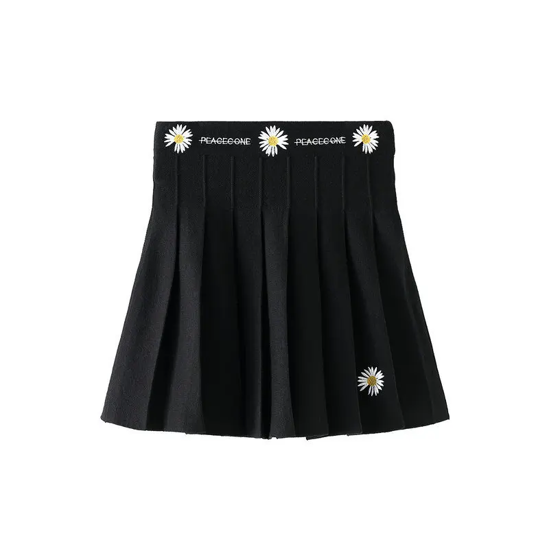

Small daisy flower embroidery black knitted skirt for women a line high waist mini short pleated skirt 2020 autumn and winter