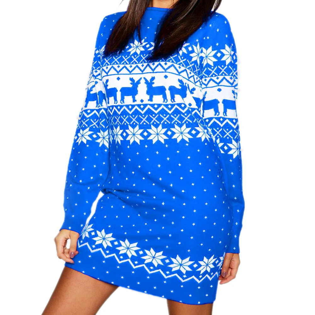 

New Fashion Women Ladies Autumn Winter Long-sleeved Loose Dress Christmas Print Mid-waist Short A-line Mini Dress Red Black