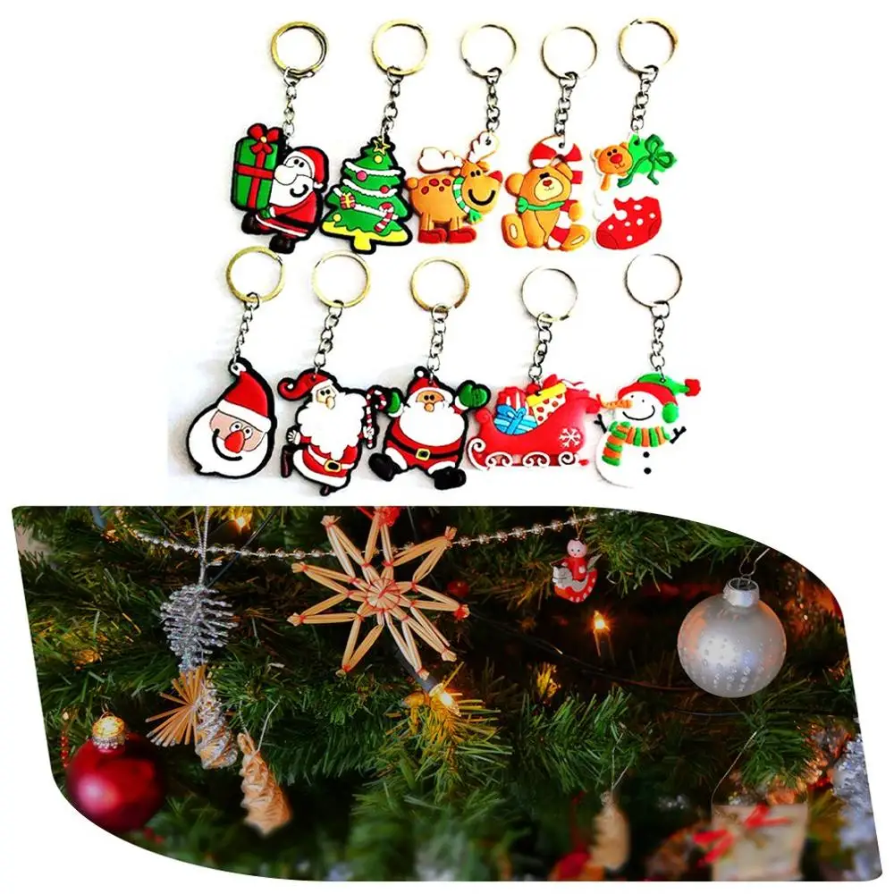 

10Pcs Keychain & Keyring Christmas Snowman Reindeer House Jingle Bell Tree Wreath Stocking & Snowflake Enamel Jewelry Gifts