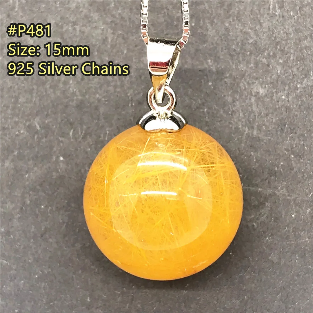 

15mm Natural Gold Rutilated Quartz Pendant Necklace Jewelry For Women Man Wealth Healing Gift Crystal Silver Chains Beads AAAAA