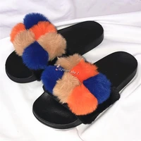 fashion comfortable outdoor open toe flat fluffy vegan faux fur slide indoor shaggy slippers for women