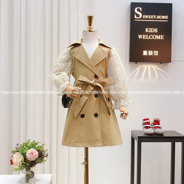 Children's clothing 2020 spring new girl fashion net yarn sleeve stitching in the long windbreaker tide | Детская одежда и