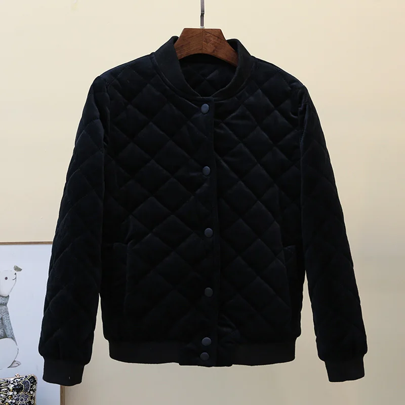 Women's short fashion gold velvet jacket loose padded coat baseball uniform women's single-breasted outer wear cotton jacket