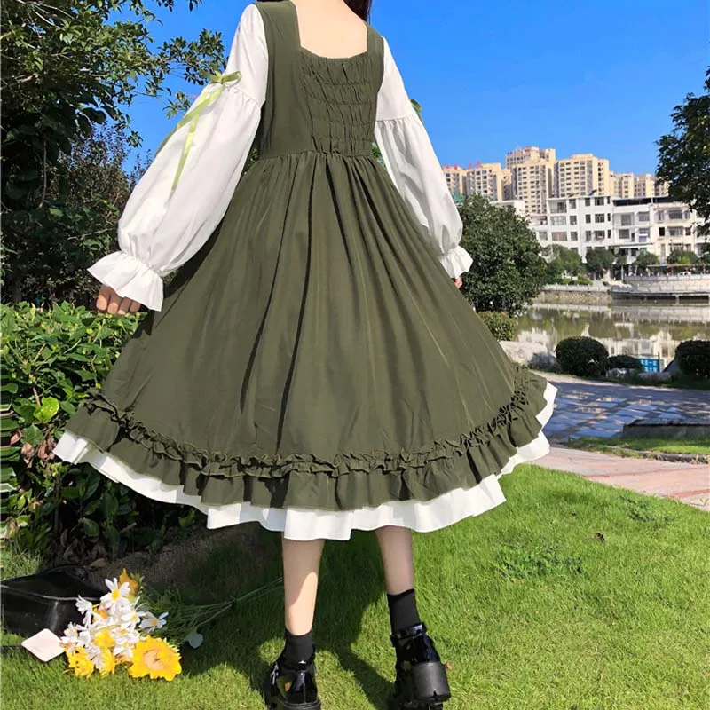 

Japanese Lolita Color Matching Wooden Ear Dress Sailor Collar Contrast Cross Bandage Bow Cute Ruffles Lantern Sleeve Dresses