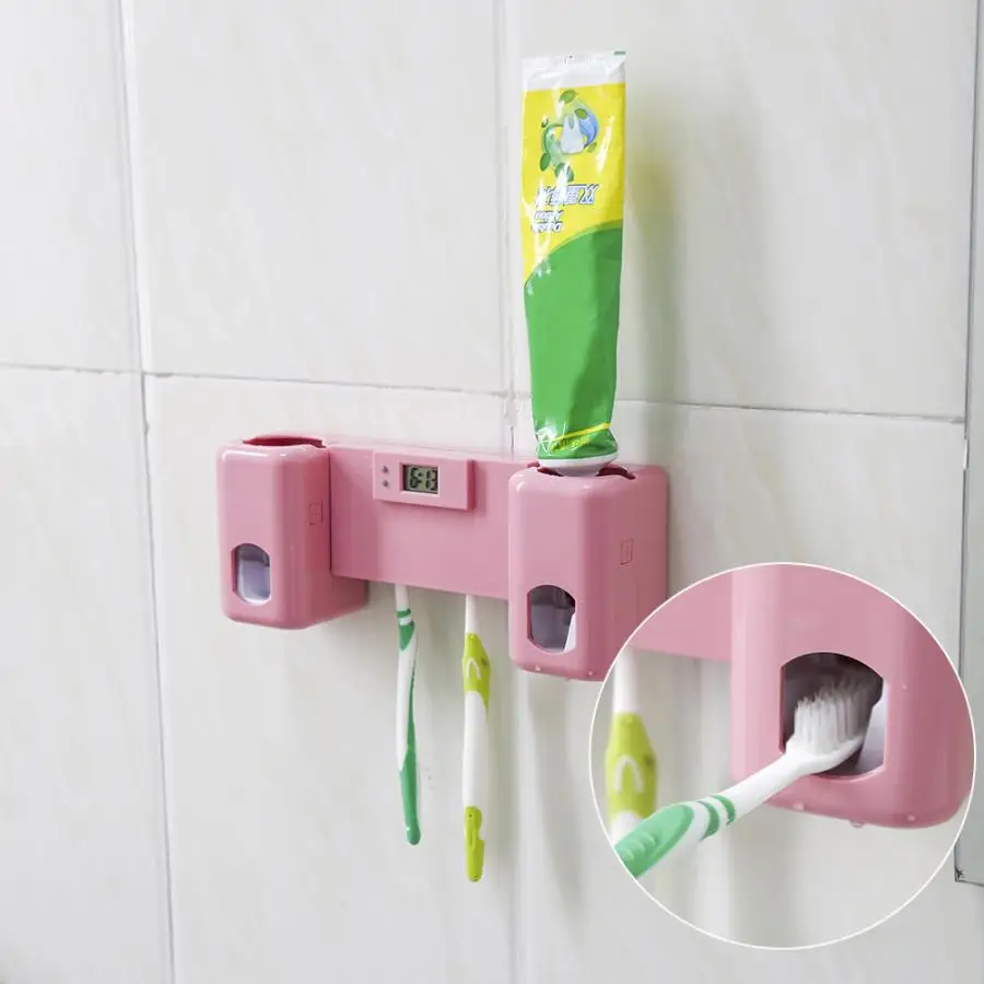 Auto 2 Toothpaste Dispenser + 5 Tooth Brush Holder Wall Mount Stand Rack W/Clock Bathroom Supplie Toiletries | Дом и сад