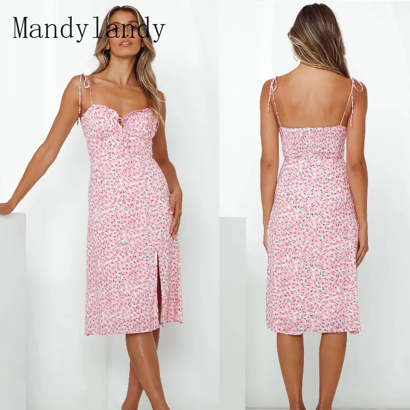 

Mandylandy Summer Sexy Dress Women Spaghetti Straps Sleeveless Printed Beach Dress A-line Split High Waist Low Cut Beach Dress
