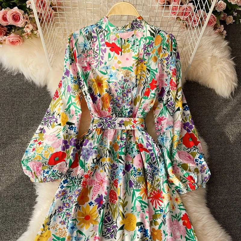 

Elegant Vintage A-Line Luxury Runway 2021 Party Spring Dresses Women Boho Dress High Waist Autumn Puff Sleeve Printing Slim