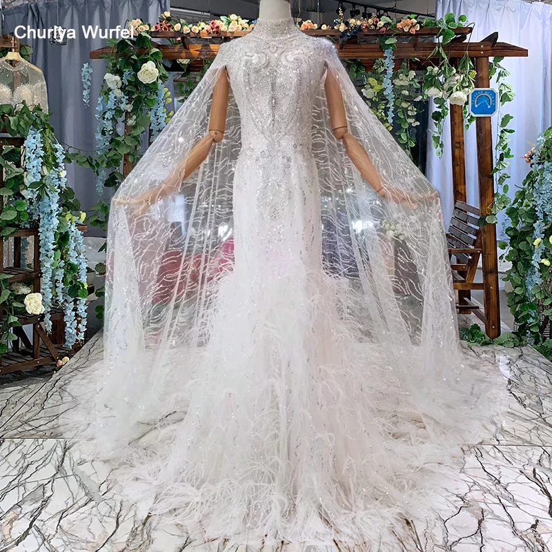 LSS473 Русалка свадебное платье с рукавом шаль высоким воротом кепки рукава Труба