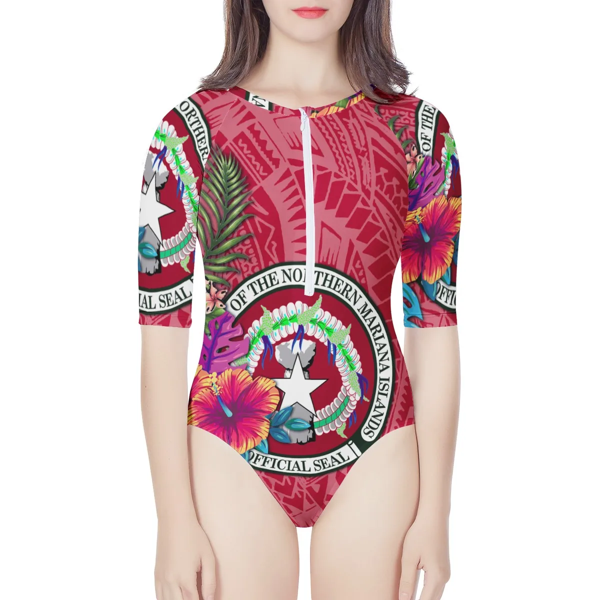 

Print-on-demand Bikini With Northern Mariana Lslands Printed 100% Premium Polyester Fabric Swimsuit Zipper Closed Long Sleeve
