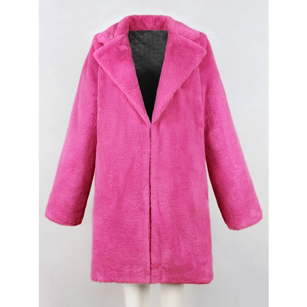 Модное женское зимнее розовое пальто из искусственного меха теплое средней