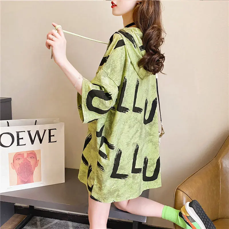 

Women 's Cotton Hooded T-Shirt Mid - Length 2020 Summer Korean -Style Short Sleeve Loose and Lazy Style Half Sleeve Top