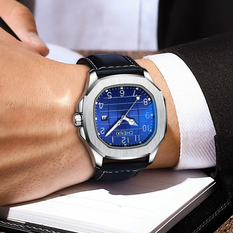 Часы мужские наручные с кожаным ремешком водонепроницаемые датой и коробкой |