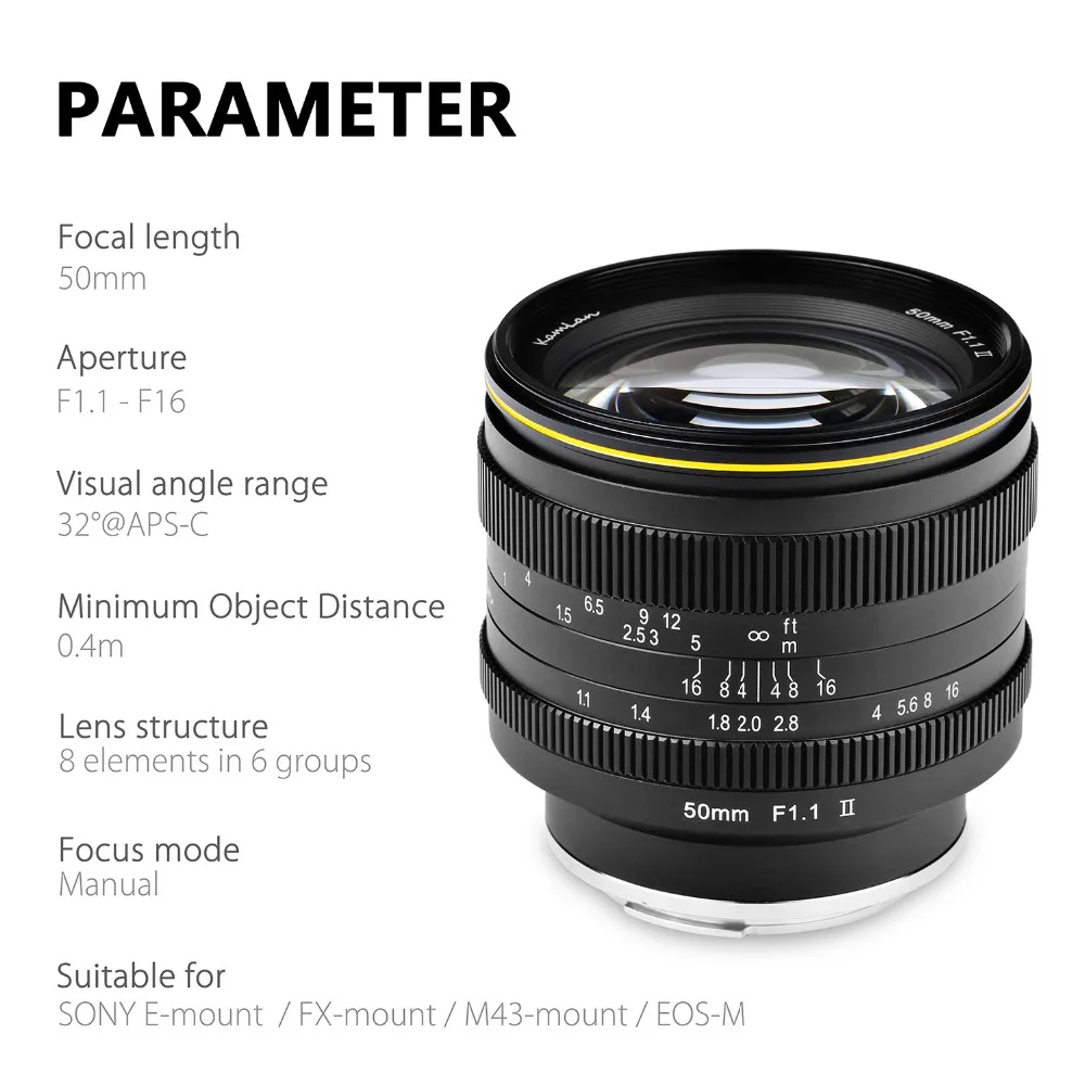 Kamlan 50 мм F1.1-F16 II APS-C объектив с большой апертурой ручной фокусировки для NEX для EOS-M для камер FUji M4/3 8 элементов в 6 групп