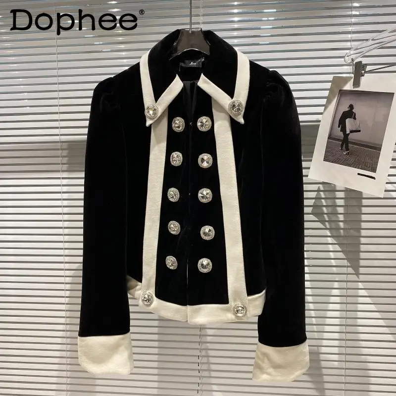 

Diamond Double Breasted Contrast Color Velvet Suit Coat Women Lapel Long Sleeve Slim Black Jacket Top 2021 Autumn Winter Clothes
