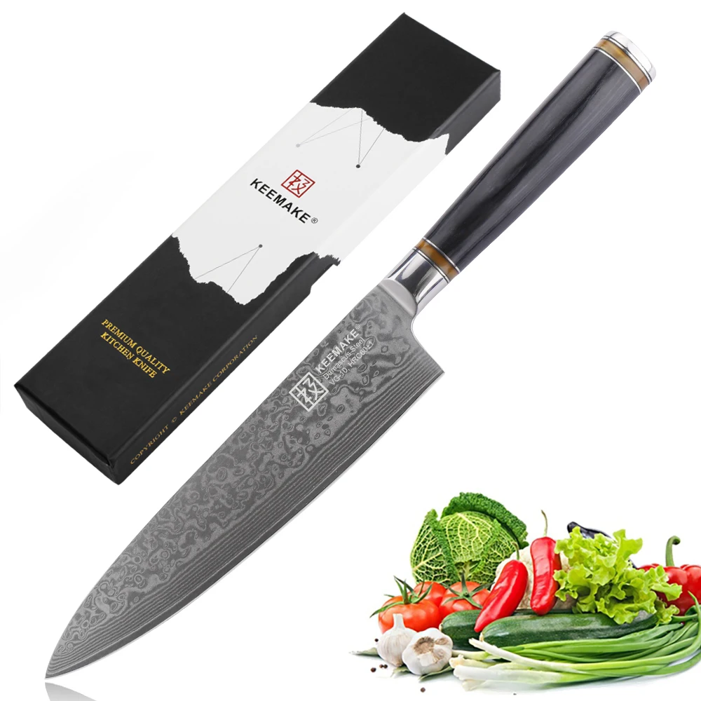 KEEMAKE 8'' Chef Knife Damascus VG10 Steel Blade Japanese Kitchen Knives Color Wood +Resin Handle Meat Fruit Slicing Cutter Tool