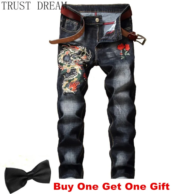 2020 мужские джинсы с вышивкой стрейч красная роза муха дракон повседневные тонкие