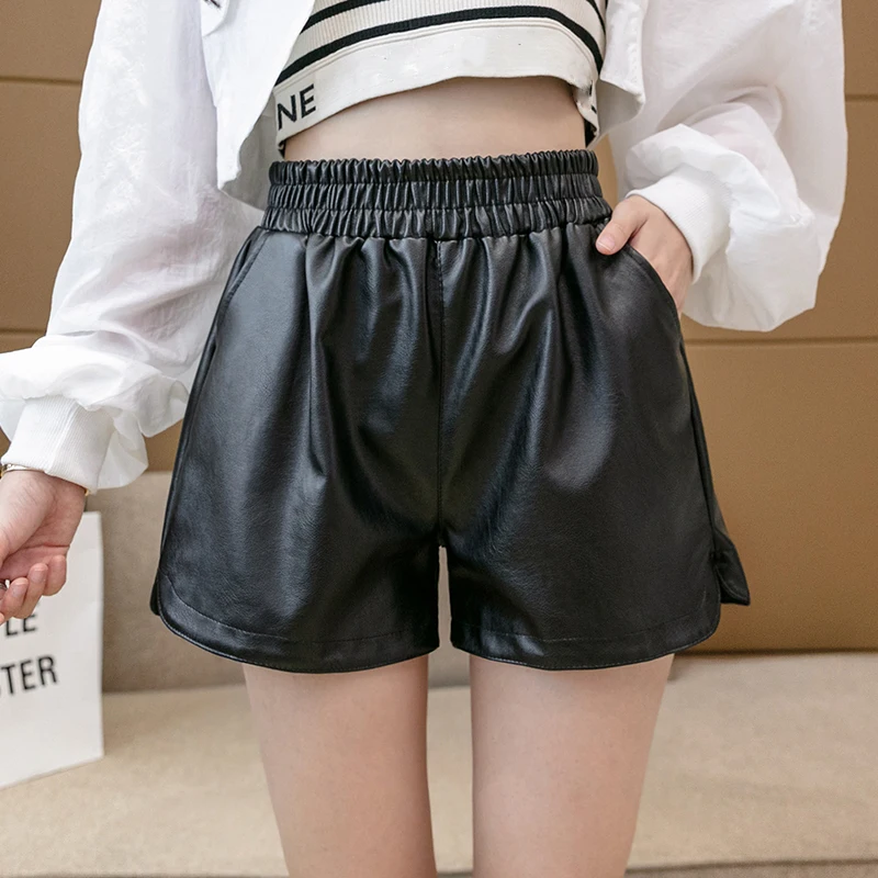 PU Leather Wide Leg Shorts Autumn Winter Women Fashion High Waist Shorts Lady Casual 2021 Plus Size Faux Leather Shorts Bottoms