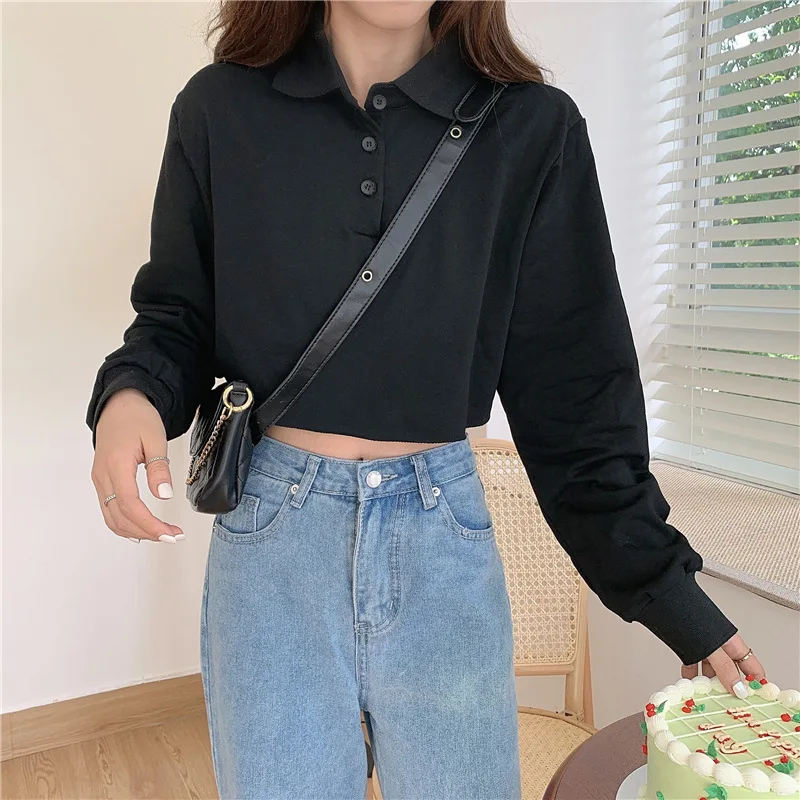 

Womens Crop Tops Sweatshirt Long Sleeve Buttons Collar Solid Hoodies Pullover