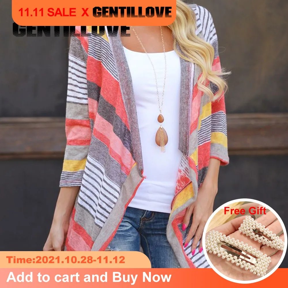 

Женский трикотажный кардиган в полоску, Свободный Повседневный винтажный укороченный свитер с длинным рукавом, асимметричные топы для осе...