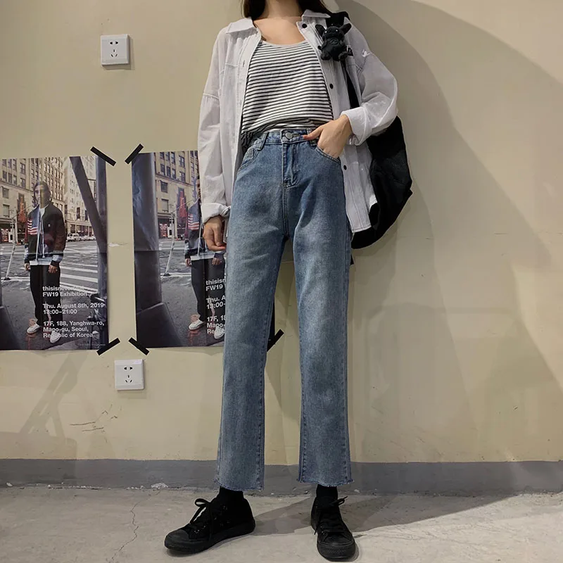 Женские джинсы синие модные элегантные прямые с высокой талией повседневные в