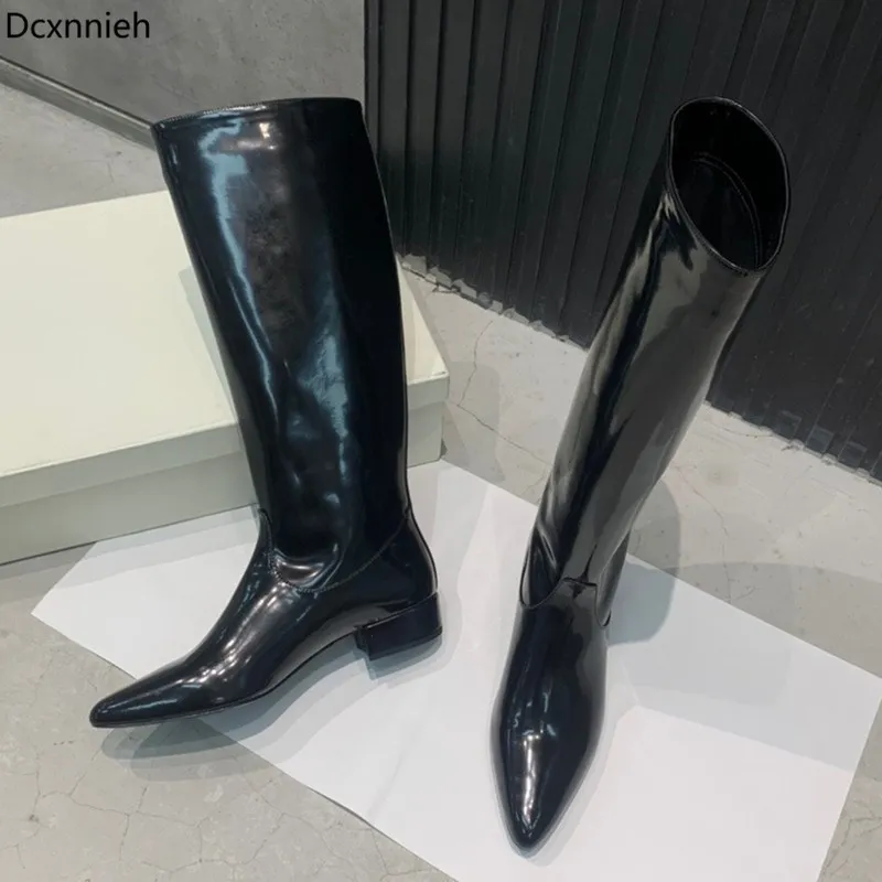 

Red pointed toe knee high boots women genuine leather chunky mid heel knight botas 2020 Autumn retro long boots for ladies Mujer