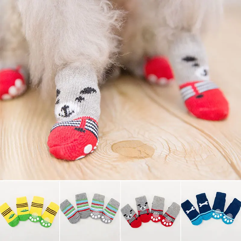 

4Pcs/set Cartoon Pet Knitted Socks Anti Slip Pet Dog Socks Puppy Boot Warm WinterIndoor Breathable Pet Products S/M/L