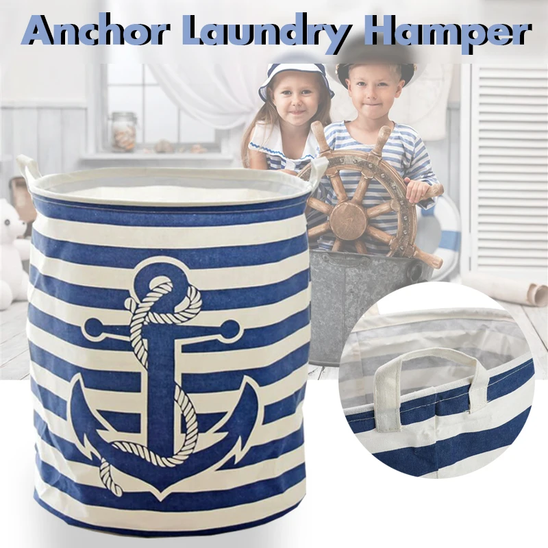 

Folding Stripe Anchor Laundry Hamper Waterproof Clothes Storage Baskets Home Decoration Barrel Kids Organizer Toy Basket