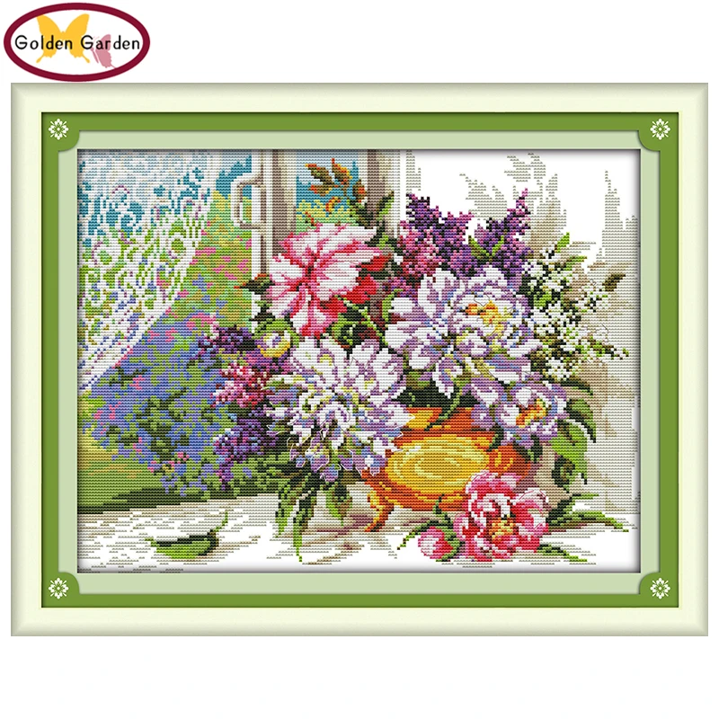 

GG Flowers on The Windowsill Counted Cross Stitch Embroidery Needleworks Set Joy Sunday Cross Stitch Stamped Kits for Home Decor