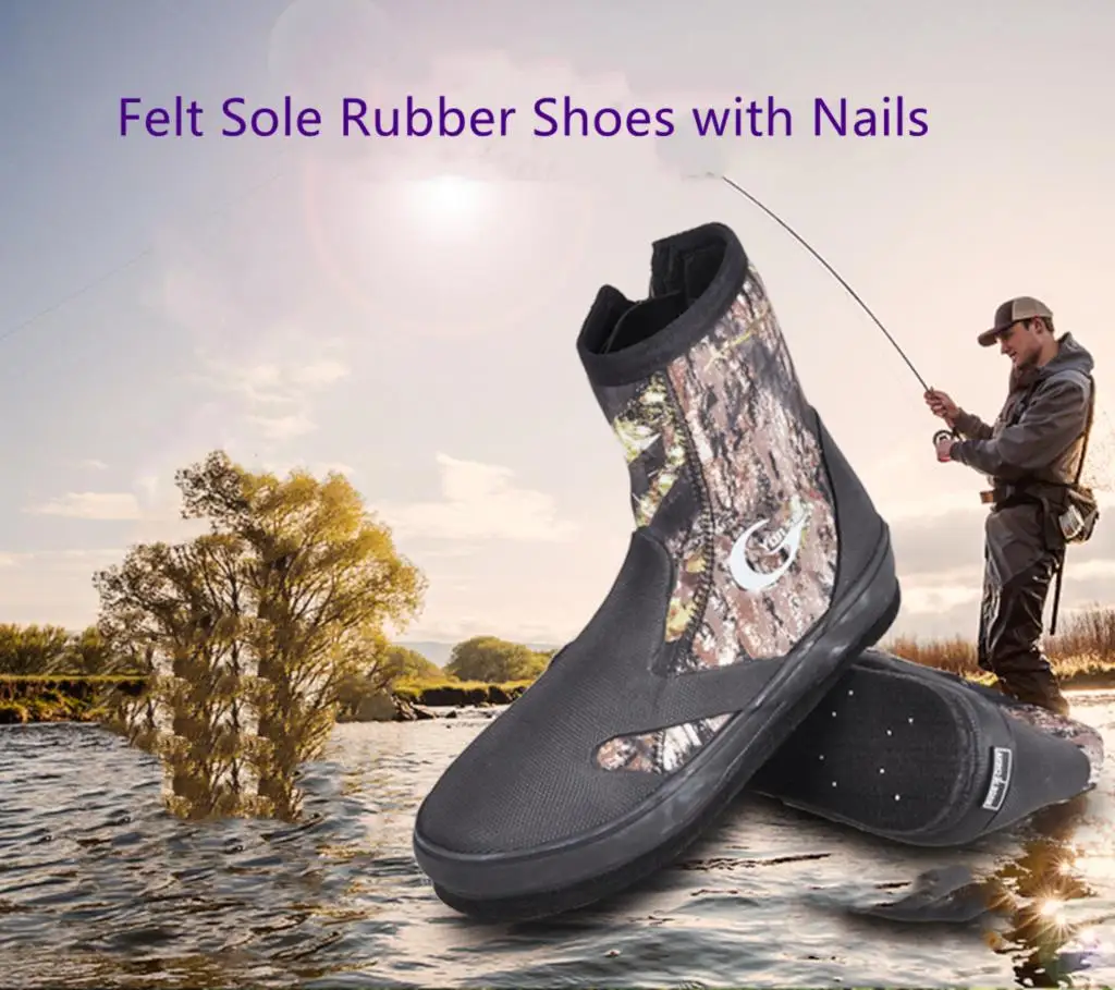 

Fly Fishing Upstream Shoes Aqua Wading Shoes Zip Felt Steel Nail Sole Elastic Rubber Shoes No-slip Hunting Waterproof Boots