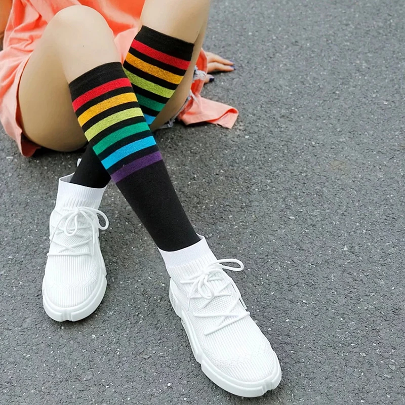 

Women's Cotton Socks Fashion University Style Striped Rainbow Knee Length Long Socks Popsoket Striped Female's Socks