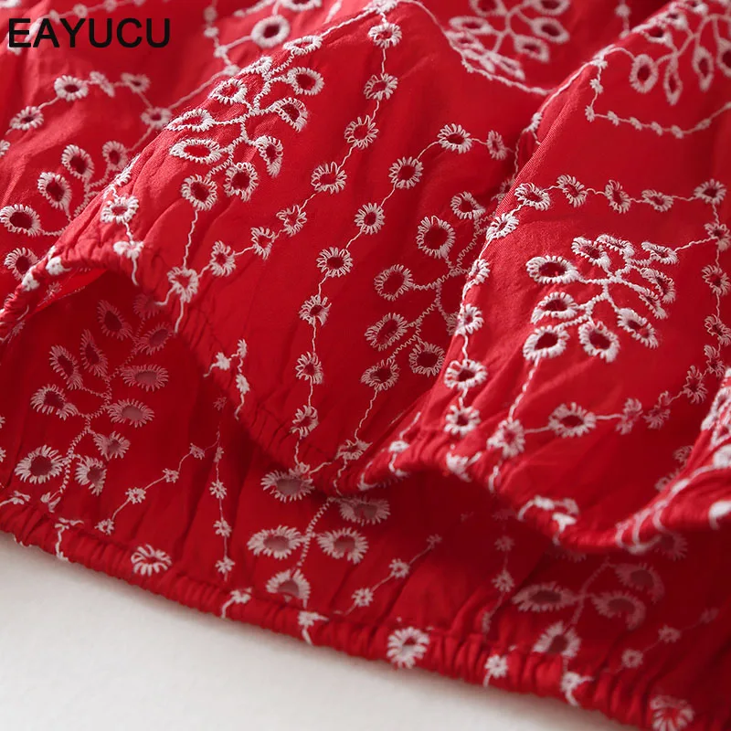 

EAYUCU Floral Embroidery Hollow Out Red Women Tops and Blouses 2020 Autumn V Neck Ruffles Lantern Sleeve Female Blusas ET087