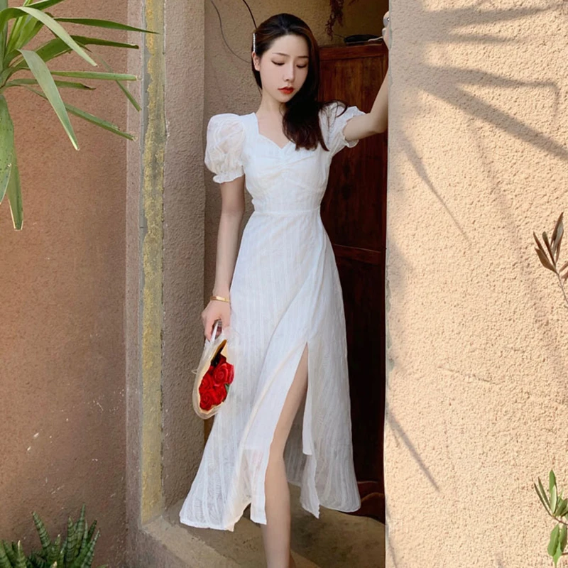 

Women Long White Cotton Dress Summer 2021 Vintage Fairy Elegant Korean Retro Casual Party Night Vacation Vestidos New