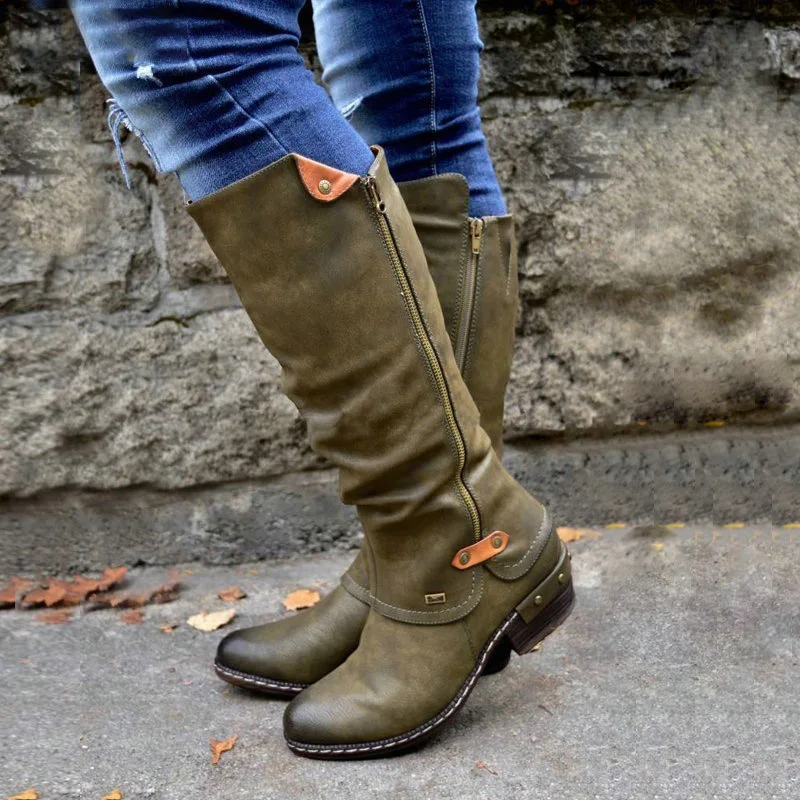 

Women Boots Western Cowboy knee-high Punk Low Thick Heel Side Zipper Female Ladies Shoes Winter Shoes Winter Boots Women