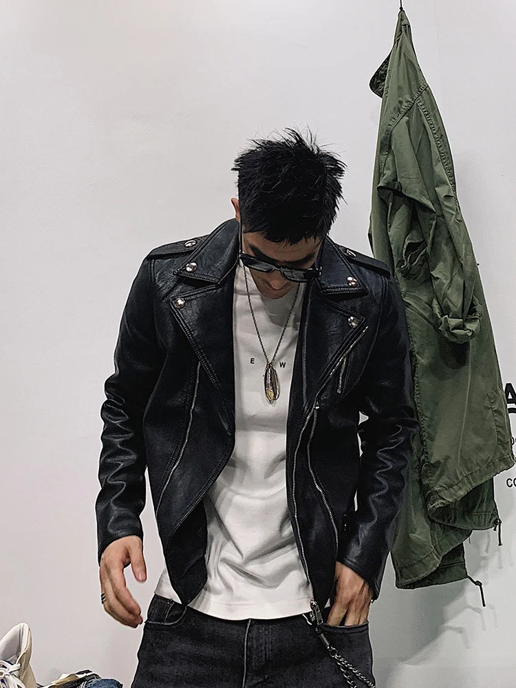 

Short Slim-Fit Leather Coat Men's Trendy Handsome Motorcycle Jacket Autumn and Winter American Metallic Youth Parka