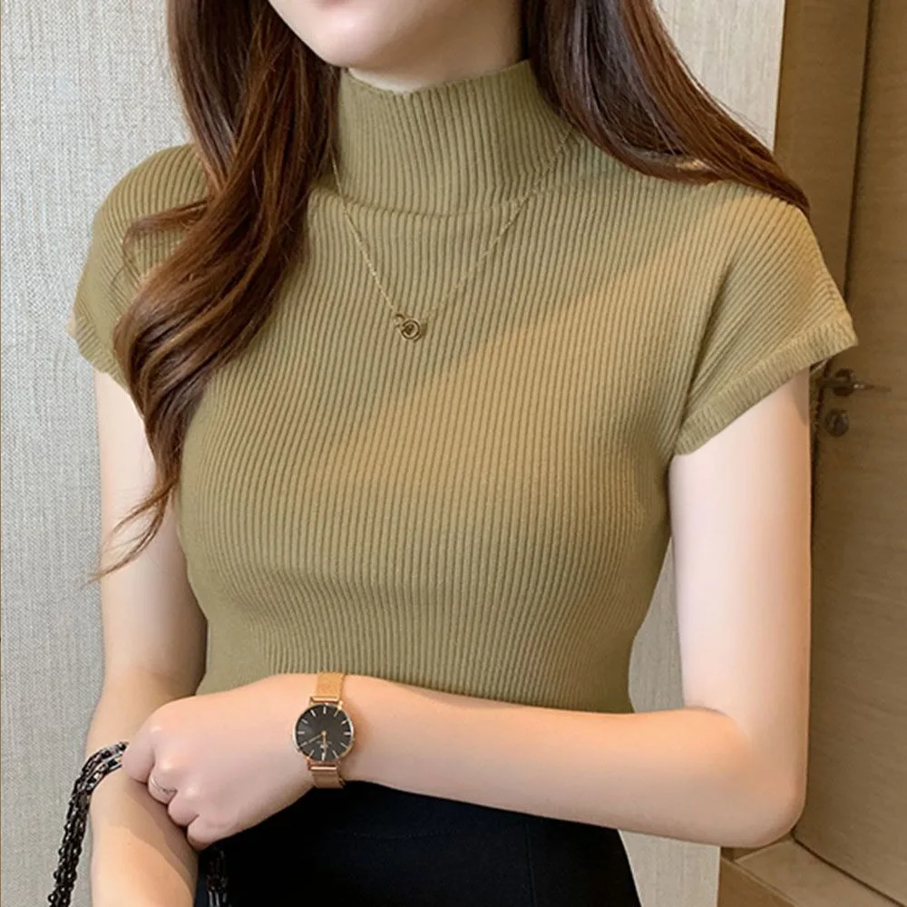 Водолазка женская трикотажная футболка корейский 2020 летний короткий рукав