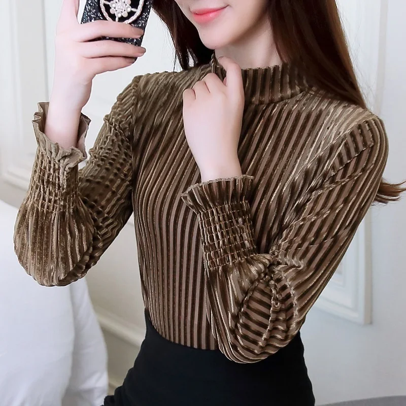 Футболка весна осень женская новая водолазка с длинными рукавами вязанная