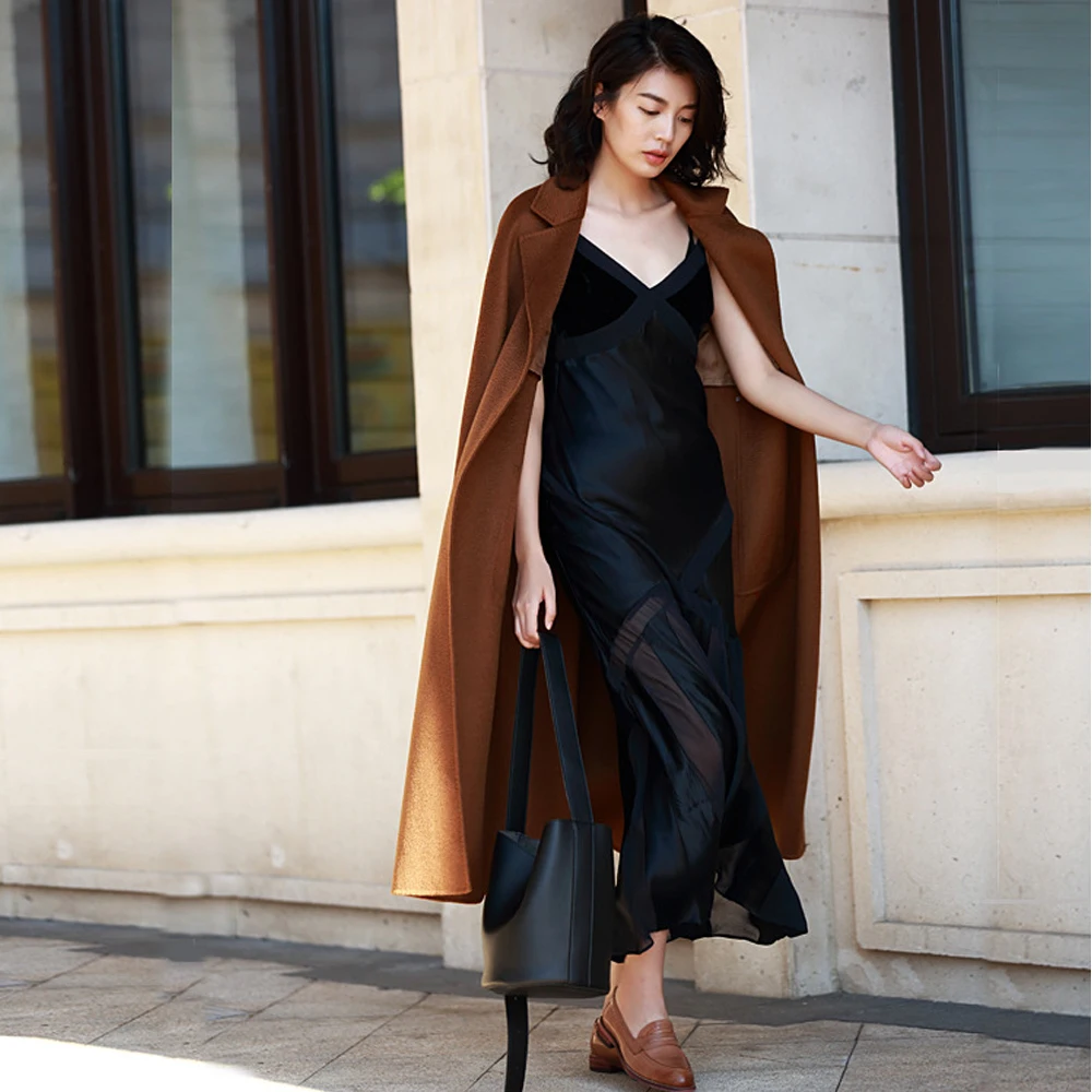 Блестящие женские длинные шерстяные пальто верблюжьей расцветки с