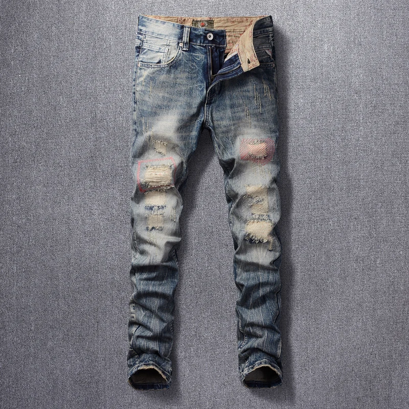 

American Street Fashion Men Jeans Retro Yellow Blue Slim Destroyed Ripped Jeans Men Embroidery Patch Designer Denim Punk Pants