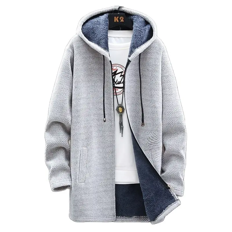 

Korean Men's Fleece-lined Windbreaker Thick Long Trench Coat Solid Cardigan Casual Hooded Sweater Coats Male 5 Color M-4XL 6619