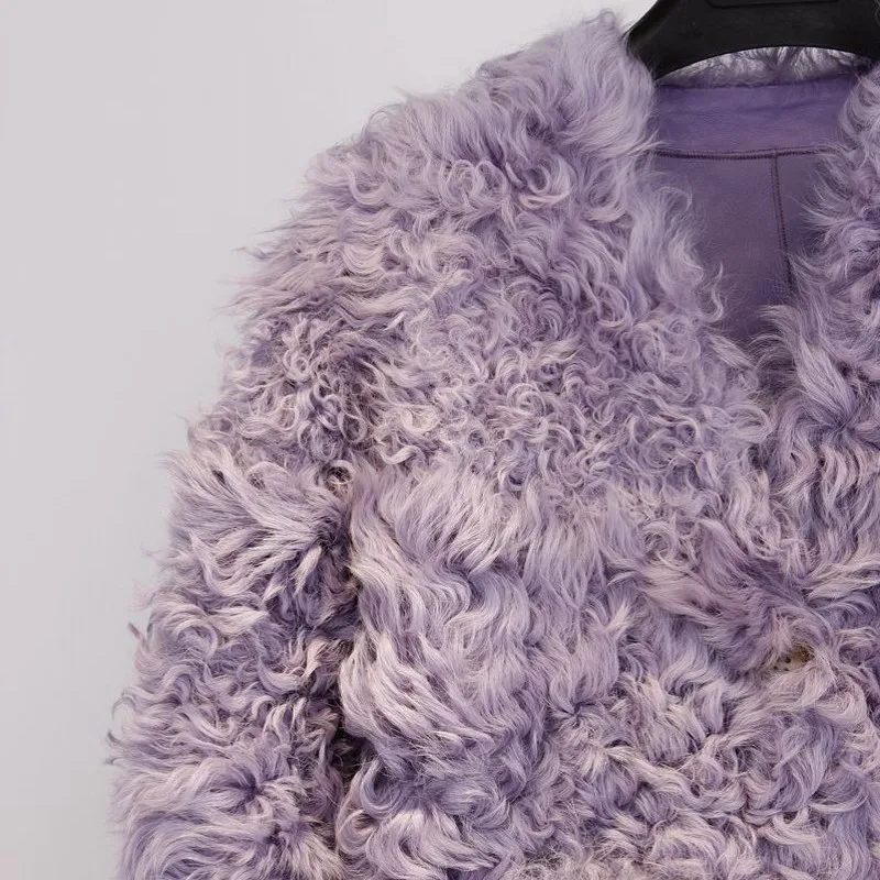 

Lamb Shearling Winter Women Fur Short Coat Luxury Streetwear Lapel Zipper Jacket Fashion 2021 Warm Purple Real Fur Outerwear