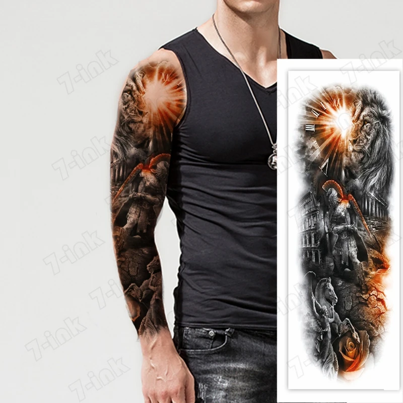 Временная татуировка на всю руку наклейка античный римский воин Лев цветок