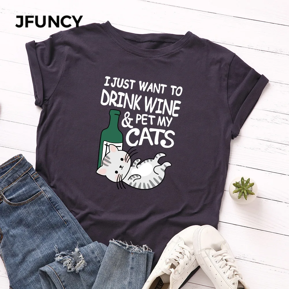 JFUNCY  Women Summer T Shirt Cute Cartoon Cat Cotton Tee Top Camiseta Mujer Casual Loose Woman T-shirt Female Tshirt