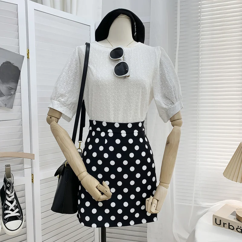 

KUSAHIKI Dot High Waist A-line Mini Skirt 2021 Spring Korean Elegant Women Skirts Causal Femme Faldas Mujer Moda 6E948