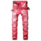 Красные, зеленые, серые, Синие рваные джинсовые брюки с вырезами на коленях, мужские облегающие джинсы скинни с вырезами, мотоциклетные джинсы в стиле хип-хоп